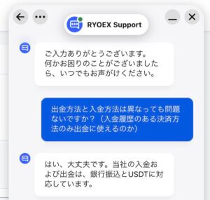 RYOEXの出金と入金方法をカスタマーチャットに質問